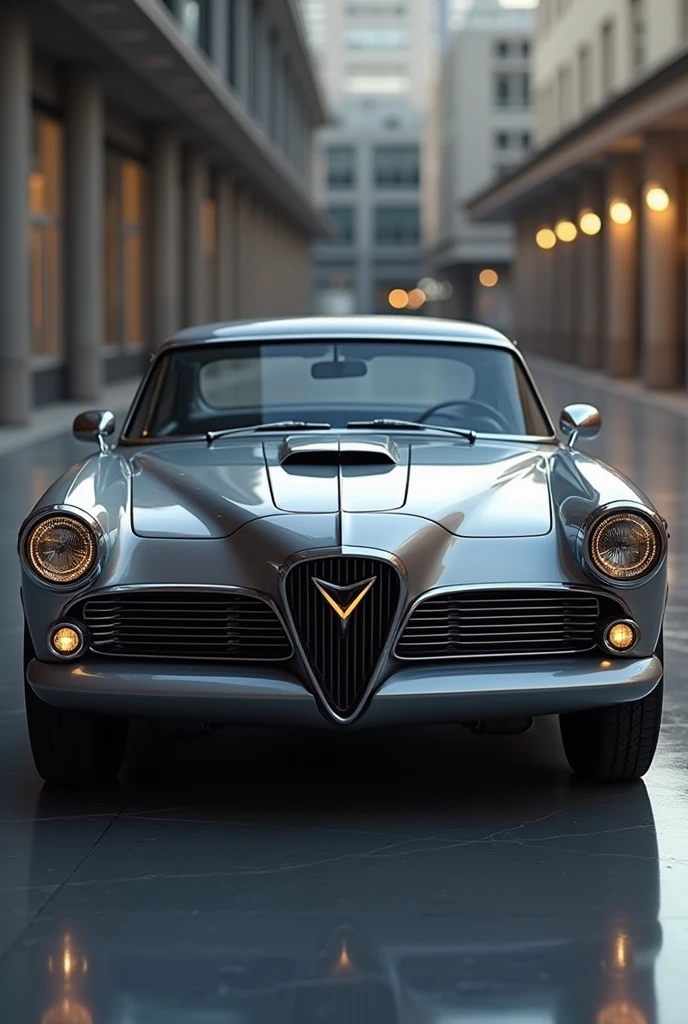 Design a modernized Studebaker Golden Hawk that preserves its classic elegance, luxury, and vintage appeal, while incorporating contemporary design elements. The front should feature a sleek grille with thin chrome or blacked-out surrounds, complemented by streamlined LED headlights with continuous strips. Sculpt the hood with a subtle power dome or dual bulges, flowing smoothly into the sharp yet smooth body lines that run along the sides.Maintain the signature curves but introduce additional sharp lines and slightly extended, curvy tails that enhance the car's muscular look. The side profile should include refined, discreet air vents and soft, yet pronounced fender flares that highlight a modern stance. Present it's vintage style with modern appeal