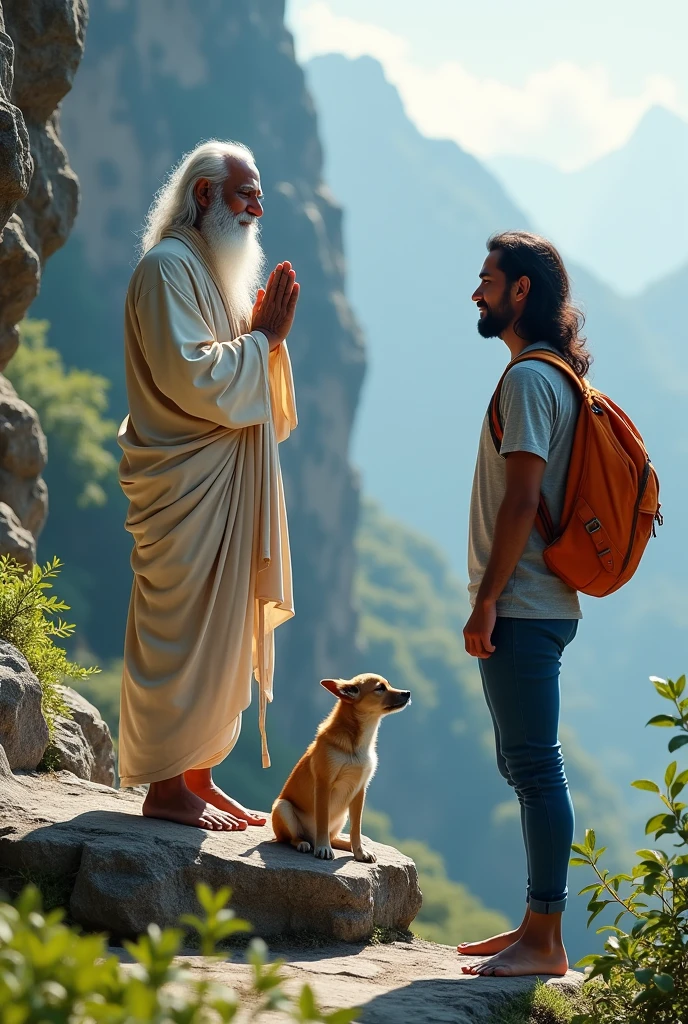 A beard man with age 70 doing yoga in front of a mountain, wise old indian guru, yoga meditation pose, standing pose on stones, small dog is also sits beside. A 30 years young Indian man is standing and namaskar to the 70 years old man. 30 years young Indian man wears grey t-shirt, blue pant, wears orange colour bag, his height is 5'9 feet, he don't wear any shoes, he has long hair