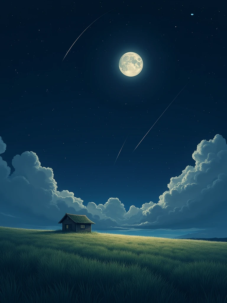 Full moon, shooting star, telescope, small stargazing hut, shining grassland