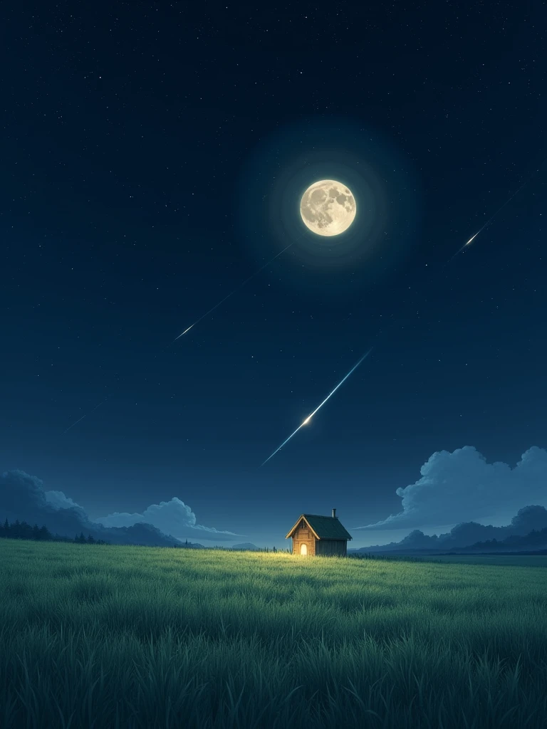 Full moon, shooting star, telescope, small stargazing hut, shining grassland