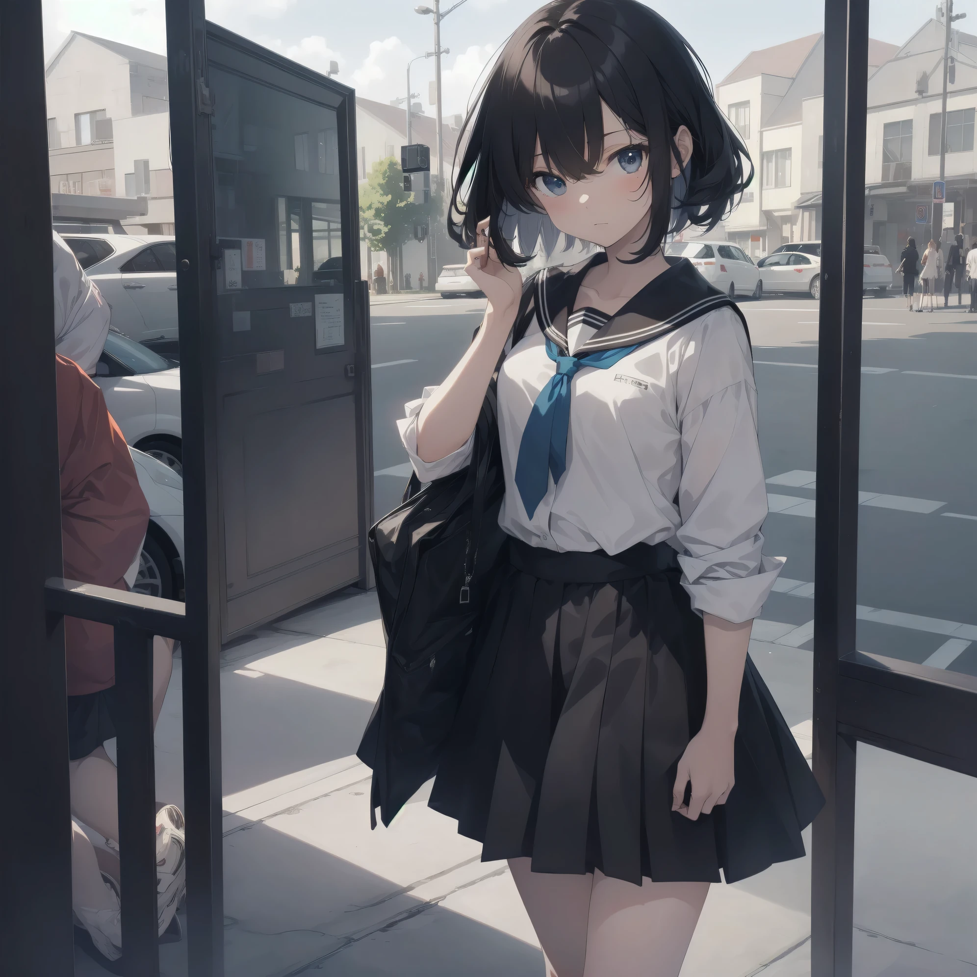 ultra-absurdres-Top quality by artist God, ultra-detailed, high resolution, anime moe artstyle, best anime 8k konachan wallpaper, pixiv contest winner, pool:2810, perfect anatomy,break, 1girl, (Please draw a girl walking sleepily to school alone. )break,(Solo,little female,15yo:1.3),Full limbs, ,a junior high school student, (very short hair), short cut, flat chest, , small butt, small black eyes, beautiful detailed eyes, well-proportioned iris and pupils, expressive eyes, highres detailed hair, soft expression, salor school_uniform, sailor collar, serahuku, bow, pleated skirt,(Detailed Lighting), (Detailed background), in the School commute route. break,super detailed skin, Best cinematic lighting powered by famous artist, 8k,beauty illustration,photoshop_(medium),very aesthetic,break,((artist:merunyaa )), artist:clamp ,artist:carnelian ,artist:kantoku ,
