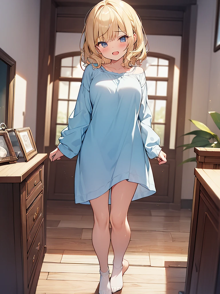(Masterpiece, Top quality:1.5), full body, (1 beautiful girl, solo:1.2), (short height:1.3), (Long Sleeve Nightshirt with Ankle Socks:1.3), Blonde hair:1.1, medium Hair, wavy Hair, asymmetry bangs, swept bangs, airy hair, large breasts:1.1, (sleepy-eyed:1.3), blush:1.2, beautiful scene of bedroom, magnificent panorama view, blurry background, open mouth, dynamic pose, dynamic angle
