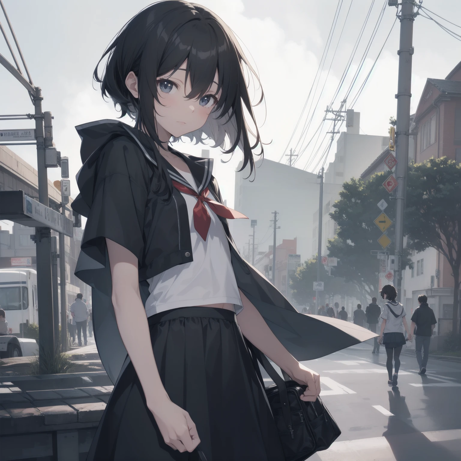 ultra-absurdres-Top quality by artist God, ultra-detailed, high resolution, anime moe artstyle, best anime 8k konachan wallpaper, pixiv contest winner, pool:2810, perfect anatomy,break, 1girl, (Please draw a girl walking sleepily to school alone. )break,(Solo,little female,15yo:1.3),Full limbs, ,a junior high school student, (very short hair), short cut, flat chest, , small butt, small black eyes, beautiful detailed eyes, well-proportioned iris and pupils, expressive eyes, highres detailed hair, soft expression, salor school_uniform, sailor collar, serahuku, bow, pleated skirt,(Detailed Lighting), (Detailed background), in the School commute route. break,super detailed skin, Best cinematic lighting powered by famous artist, 8k,beauty illustration,photoshop_(medium),very aesthetic,break,((artist:merunyaa )), artist:clamp ,artist:carnelian ,artist:kantoku ,