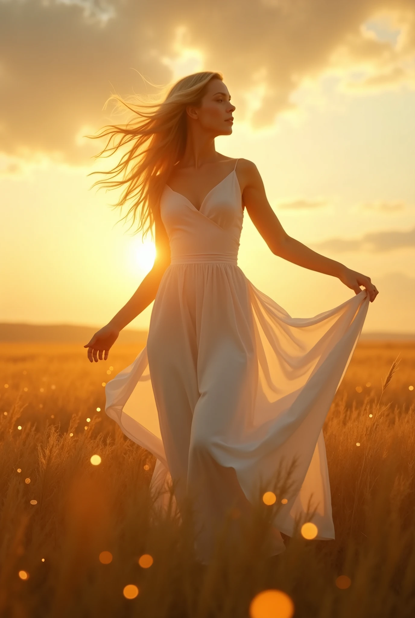 side view:1.5,(16k RAW Photo,Live shooting,highest quality,masterpiece:1.37),(Real,Photorealistic:1.37),Long blonde woman,dancing in the golden grassland,dusk,setting sun,flowing clouds, golden sky,backlight,fantastic scene,woman in a white dress,flying light particles:1.6,Golden theme:1.6,
