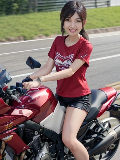 Japanese female, (underweight), (medium bust best quality:1.0), 30 years old, (cheerful grin:1.3),
motorcycle, riding (kawasaki super sport motorcycle), semi long, (red t-shirt), (silk shorts), Japanese, on the road, with a mountain, full body shot, low angle shot, (motion blur:1.4)