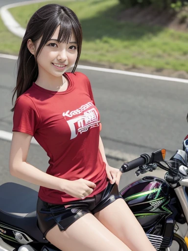 Japanese female, (underweight), (medium bust best quality:1.0), 30 years old, (cheerful grin:1.3),
motorcycle, riding (kawasaki super sport motorcycle), semi long, (red t-shirt), (silk shorts), Japanese, on the road, with a mountain, full body shot, low angle shot, (motion blur:1.4)