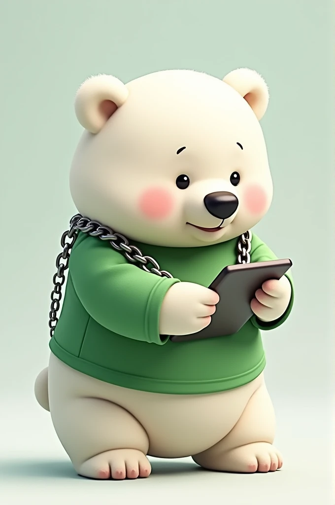 Small polar bear with chain, green shirt and a cell phone taking orders for various items