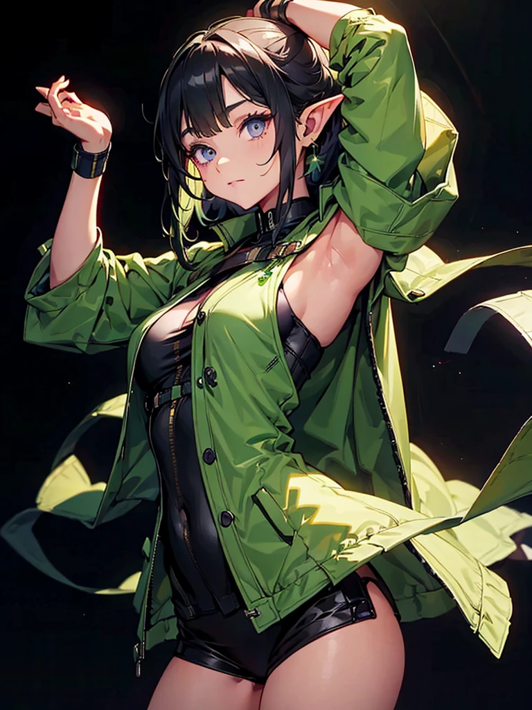 Black background with spotlight, Long eyelashes, Green jacket、beautiful girl、Raise your arm and show your armpit., Pointed Ears