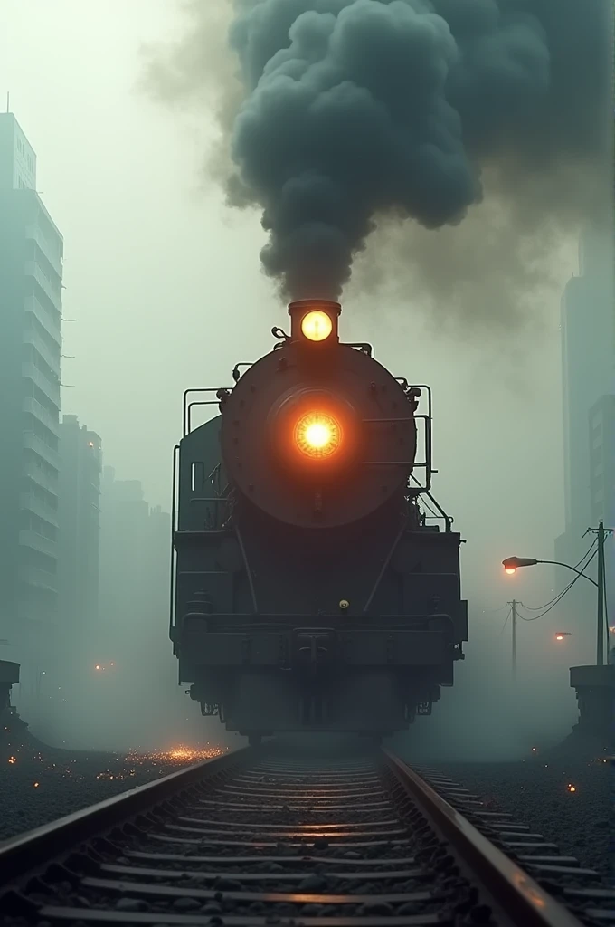 A long train burning through the city covered with fog and smoke and clouds
