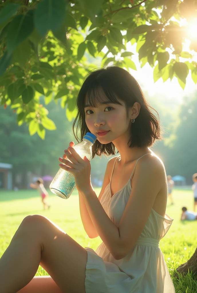 High resolution、Very detailed、「bright summer day、A 20-year-old Japanese woman with slightly wavy hair, Straight black hair、Sit in one'大きなwood陰の下の膝。Wearing a light summer dress、Drinking from a plastic bottle with one hand。The woman's body is facing this way.、Sitting with your knees up、A little underwear is visible。Looking at the camera and smiling。wood々The sunlight passing through、Casting light and shadow on women.。Children play in the surrounding park.、Leaves fluttering in the wind。Dynamic and peaceful scene、It captures the essence of a perfect summer afternoon..。50mm lens for SLR cameras、1 1 1.8 in、Exciting、Cinematic、strong、artistic、Attractive photography、The photo captures a woman'A soft style for the whole body.」