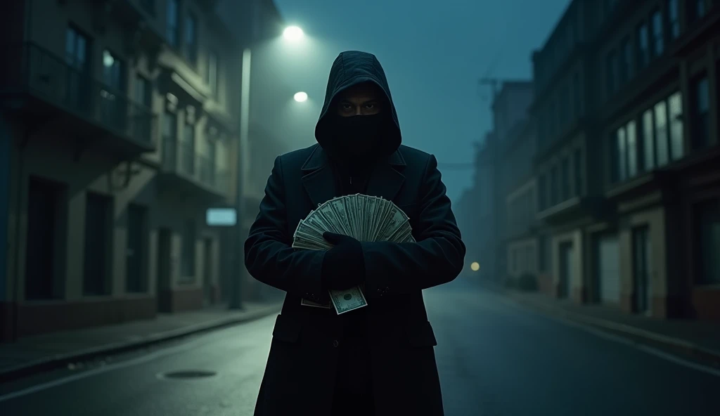 A bank robber calls the street at night in dim lighting and puts a lot of money on him. Later