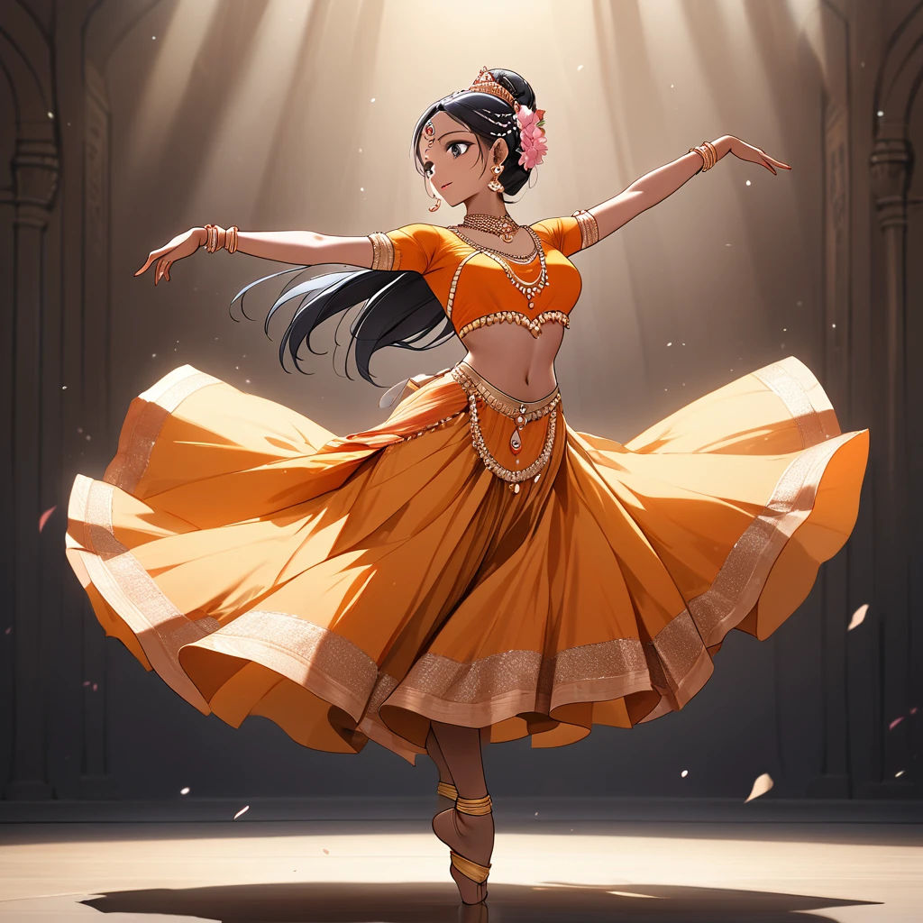 ((Highest quality)), ((masterpiece)), (detailed), (Perfect Face)、The woman is Reika Aoki, an Indian with dark skin and semi-long hair.、A woman is dancing Bharatanatyam in Bharatanatyam costume in India