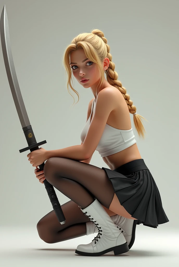 masterpiece, Best Quality, super rendering, super Realistic, High Detail Face, Clean and delicate face, whole body, Crouch and swing a long sword, grip the sword anatomically correctly, Single Braided blonde pony tail, parted bangs, forehead, wearing a camisole and pleated mini skirt, bare ass, open legs, Sleeveless, black pantyhose, white short boots, glaring at the viewer, simple color background