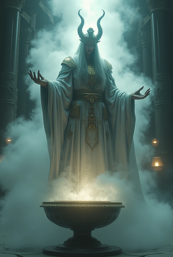 A dramatic scene with a swirling mist erupting from the lamp, with a towering jin emerging, showcasing ancient attire and a powerful presence.
