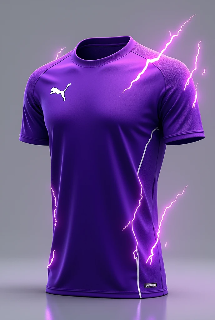 Purple sports shirt with white thunder effects and the puma symbol with a closed collar and white details