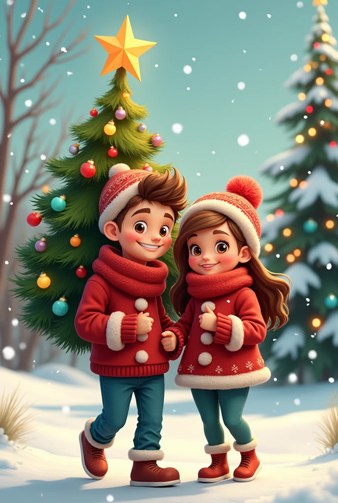 A couple wearing Christmas clothes with a Christmas tree next to them. He carries it so that the star on top of the Christmas tree appears
, a 2D cartoon drawing.