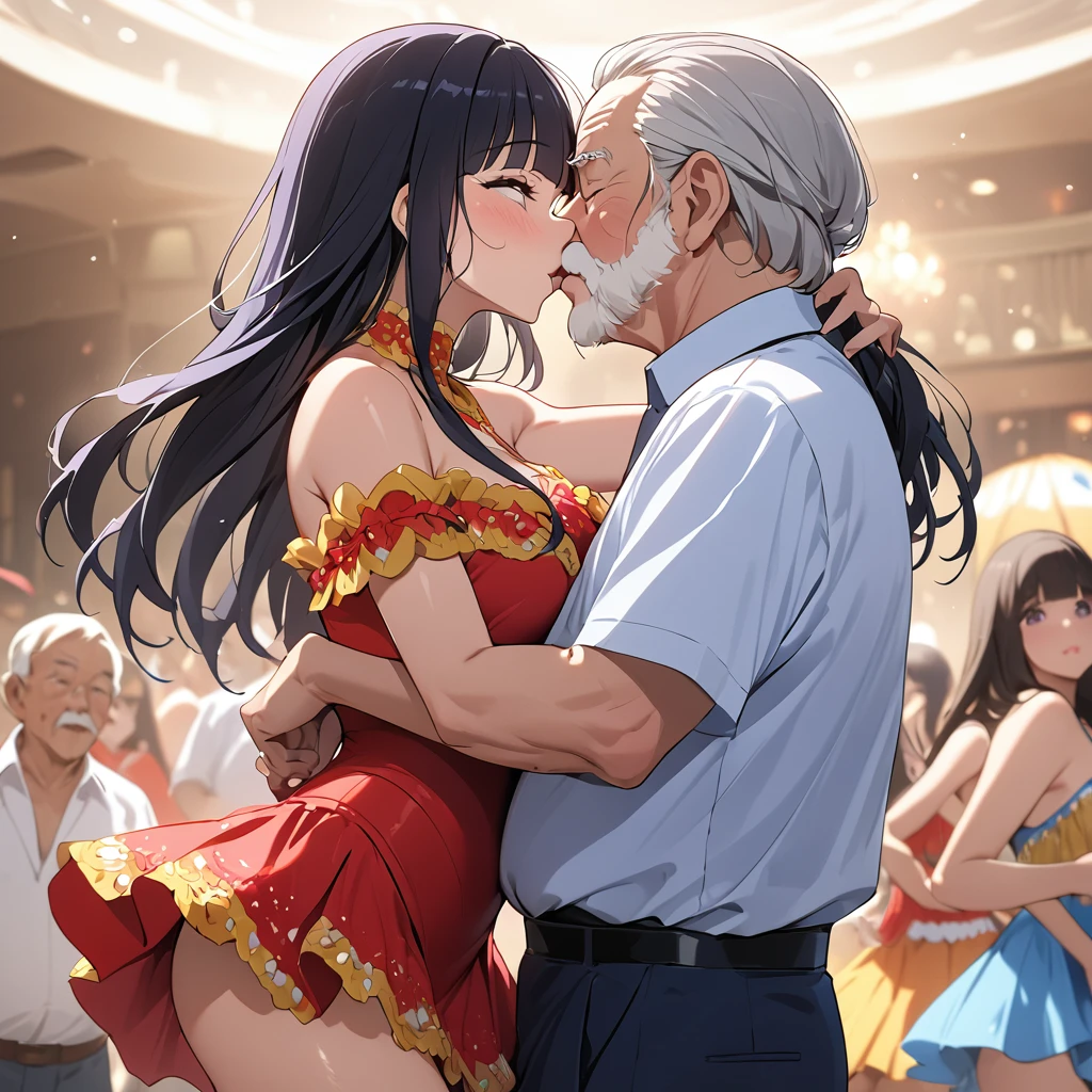 ((Highest quality)), ((masterpiece)), (detailed), (Perfect Face)、The woman is Reika Aoki with semi-long hair、A woman is wearing a salsa costume in South America, kissing and passionately dancing salsa with an old man.