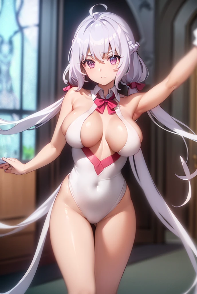 ((masterpiece)), ((Best quality)), (high resolution), (illustration), (an extremely delicate and beautiful), (ultra detailed beautiful face and eyes), nsfw, 1girl, leaning forward, YukineChris, long hair, purple eyes, twintails, low twintails, ahoge, large breasts, fishnet pantyhose, red a bow tie, volumetric lightning, detailed skin texture, detailed, volumetric shadow, anime screencap,Highest quality, Sorceress, ancient babylonian nobility, ((tan skin:1.2)), (brown skin color),Long hair, twin braids, hair ornament, wine colored hair, smile, Below average size breasts, bare shoulders, (underboob:0 Legs apart、Ready your gun?、Arms around chest 8K, masterpiece, Best_quality, high_resolution, ultra_details, detailed, 1girl, 独奏, looking_at_viewer, upper_body, indoors, braid, blurry, bangs, white_hair, blurry_background, collared_shirt, church, hair_ribbon, hair_between_eyes, stained_Glass,sidelocks, depth_of_field, light_particles, window, french_braid, Alphonse Mucha Style, sharp focus, perfect hands, perfect face, perfect eyes, perfect light, dynamic light, natural light, Masterpiece, Best quality,