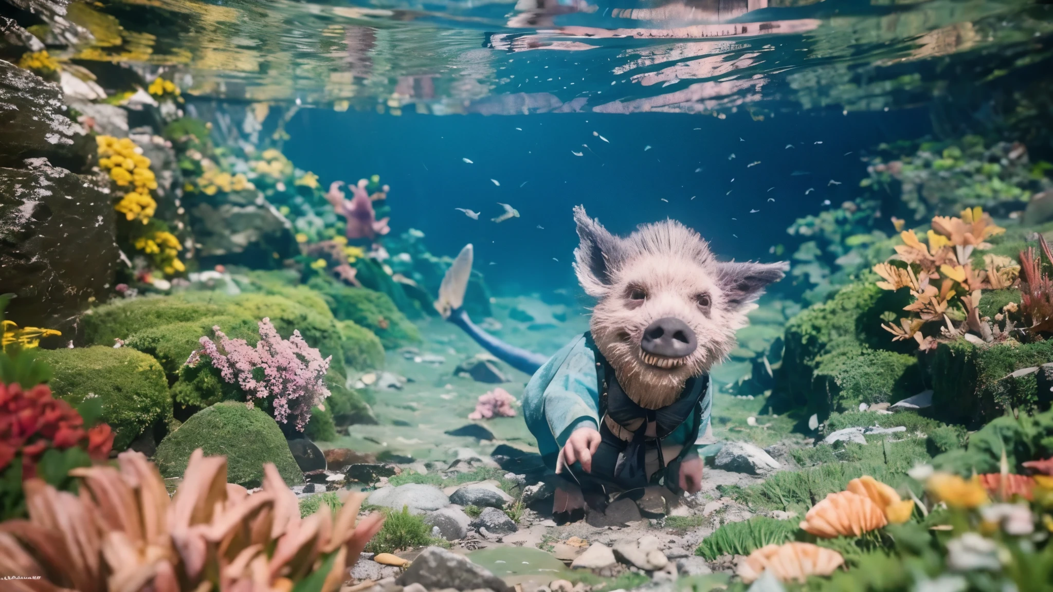 Bajie piglet puts on flippers,Dive into the sea,Enjoy the underwater world，No humans,coral,Underwater,fish,shell,turtle,swim,jellyfish,landscape,ocean，good quality,Extremely detailed CG unity 8k wallpaper