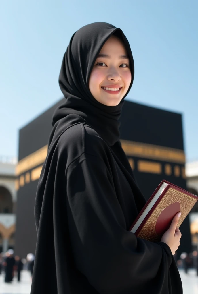 Korean beautiful girl, radiant white skin, well-groomed face, with a graceful smile, wearing a black hijab,wearing a sharia robe,BLACK. Holding the Qur'an. Stand with your back to the kaaba,looking at the camera, there are pilgrims,under the clear blue sky, background of the Kaaba with its grandeur, Realistic original photo