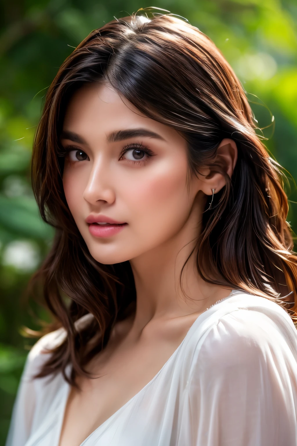 (masterpiece:1.5), high quality, aesthetic photo ,(HDR:1.3), pore and detailed, intricate detailed, graceful and beautiful textures, RAW photo, 16K, diffused sunlight, 8K, RAW photo, top-notch quality, exceptionally detailed RAW color photo, professional-grade photograph, (realistic, photorealistic:1.2), (highly detailed skin:1.1), ultra-high resolution, (lenz 80mm), (F/1.2), Extremely stunning and beautiful girl, 20 yo, very detailed and sharp facial features and expressions, very detailed and natural shinning hairs, short hairs, bangs, messy hair, detailed and perfect symmetrical glossy eyes, detailed sharp nose, detailed glossy lips, detailed white glistening teeth, detailed symmetrical face, very detailed and perfect natural breasts, double eyelids, perfect midriff, wearing loose white shirt with denim shorts, shirt tied in a knot, deep neckline, on a hiking trip, trees, leafs, lots of flowers, wilderness, cute and charming, gentle smile, looking at the viewer, perfect lighting, cinematic colour grading, soft focus, focus on girl, extremely detailed surroundings, highly detailed, detailed fabric rendering,