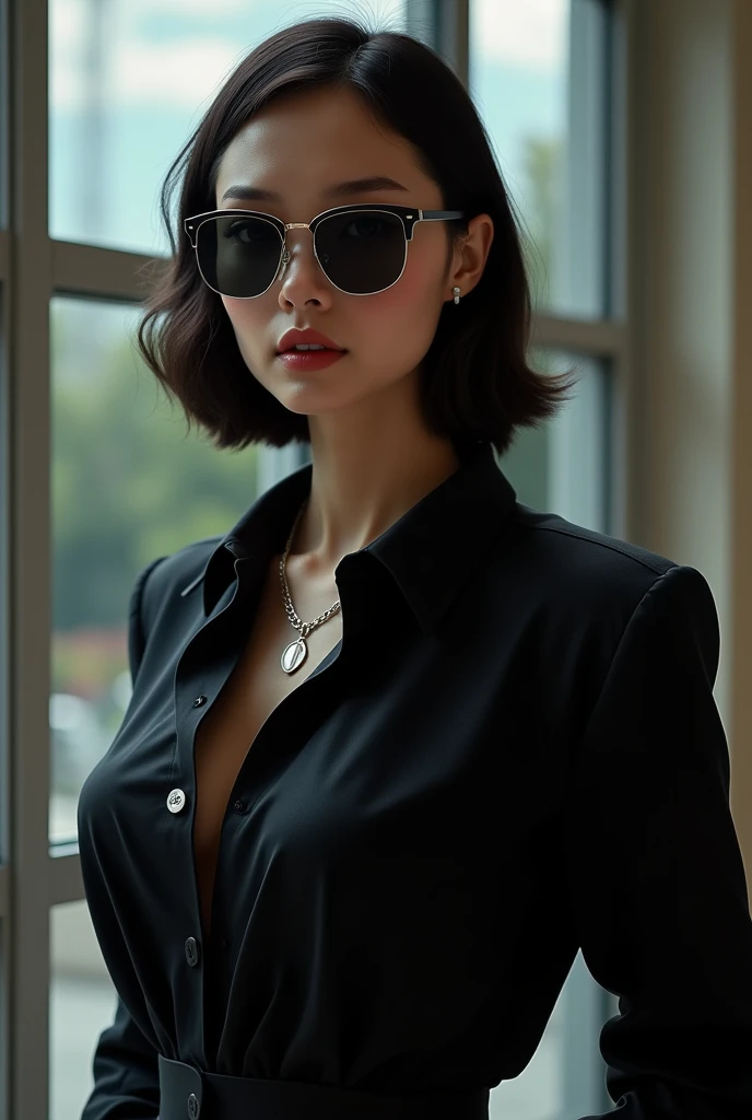 Create a spy with glasses with a thin silver necklace with low fade hair style with a black long sleeve shirt and black shoes