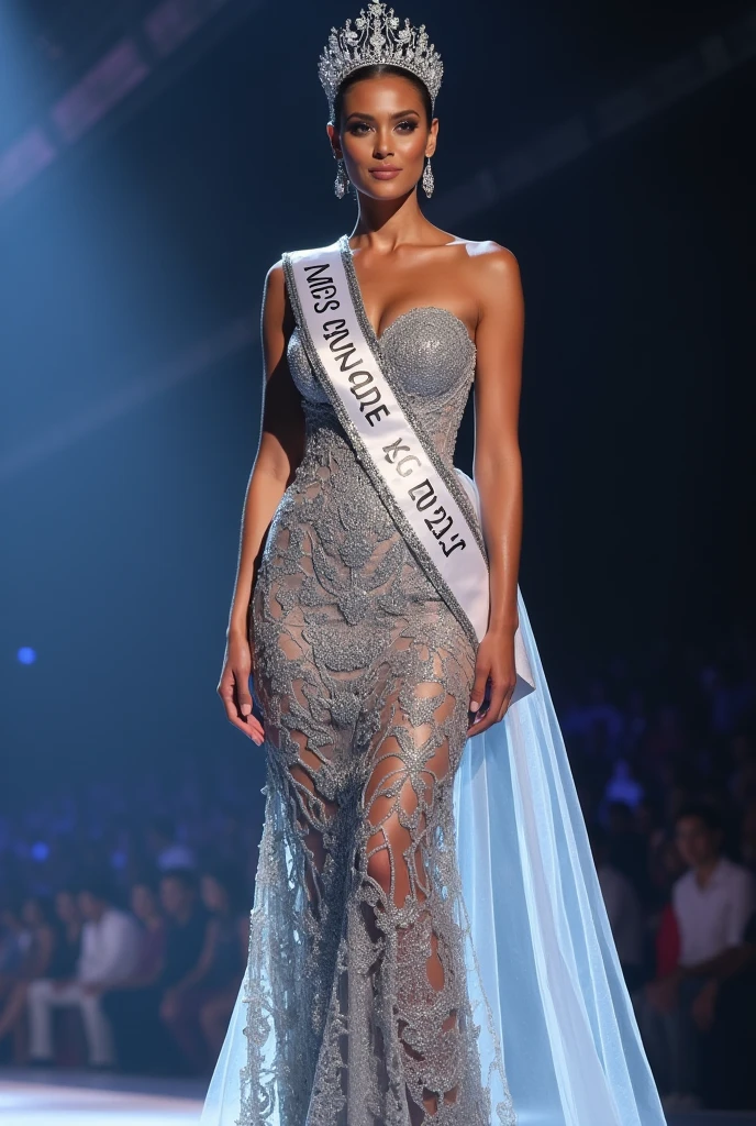 Miss universe, silver long kebaya brookat dress, at miss universe stage, wear crown, elegant, beautiful, 38 C huge boobs, slim, don't smile, sexy vibes. Sharp eyes, cool, bold make up. Sash Miss Universe 2027. Cignature pose. 