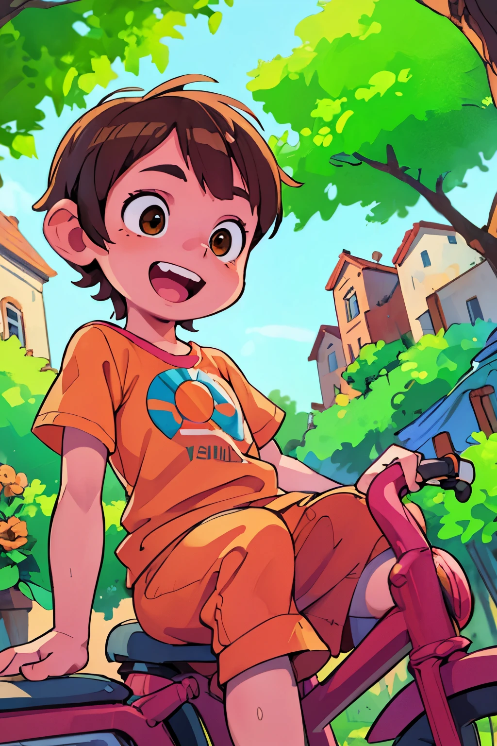 (best qualityer,4K,8k,high resolution,work of art:1.2),ultra detali,realisitic,portraite, a young boy, ***,beautiful detailed Brown eyes, detailed, happy in a beautiful sunny day , playing With a Orange bike, illustration style,swirly vibrant colors,warm hues,soft lighting,green garden background