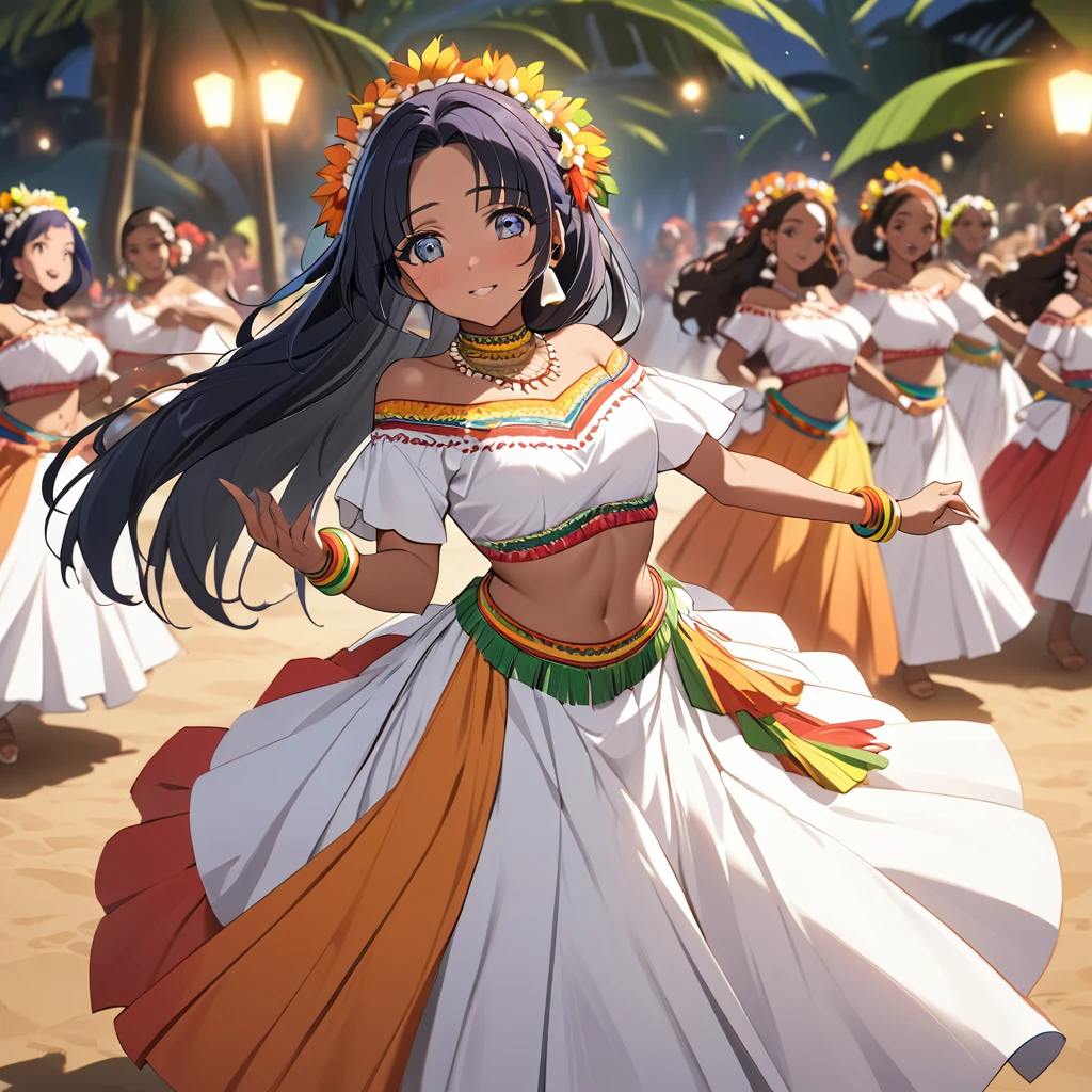 ((Highest quality)), ((masterpiece)), (detailed), (Perfect Face)、The woman is Reika Aoki, a black-skinned African with medium-long hair.、A woman is wearing a costume of the Mauritian national dance Sega dance in Mauritius, Africa, has a hairstyle of a Mauritian woman, and is dancing the Mauritian national dance Sega dance.