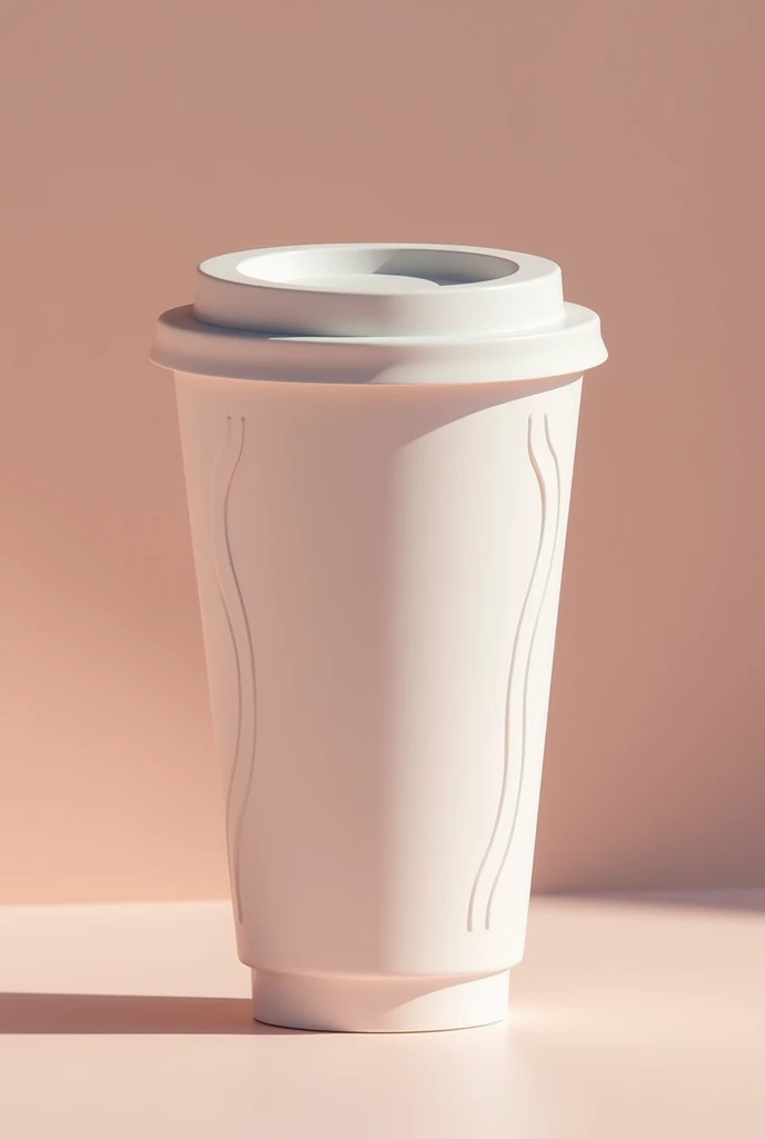 Imagine a coffee cup with a lid, highlighting a futuristic and minimalist design, using sustainable materials and interesting textures, perfect for attracting customers to a modern coffee shop with pastel colors