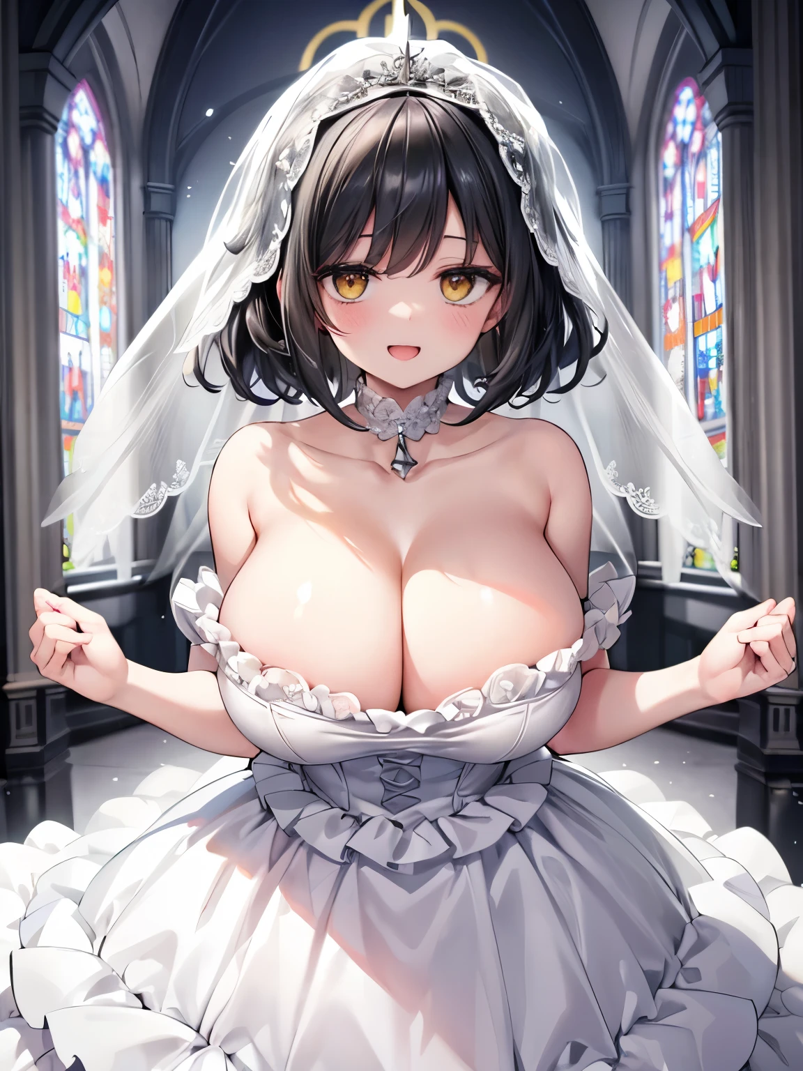 (gigantic breasts),Black Hair,Short Hair,(Two Side Up:1.1),Yellow big eyes,A very happy smile,Open your mouth wide,View Viewer,BREAK,(Pure white wedding dress,Strapless Dress,Wedding Veil:1.3),Church Background,Large stained glass,The sacred light shines,Put your hands together,Are standing,Top view