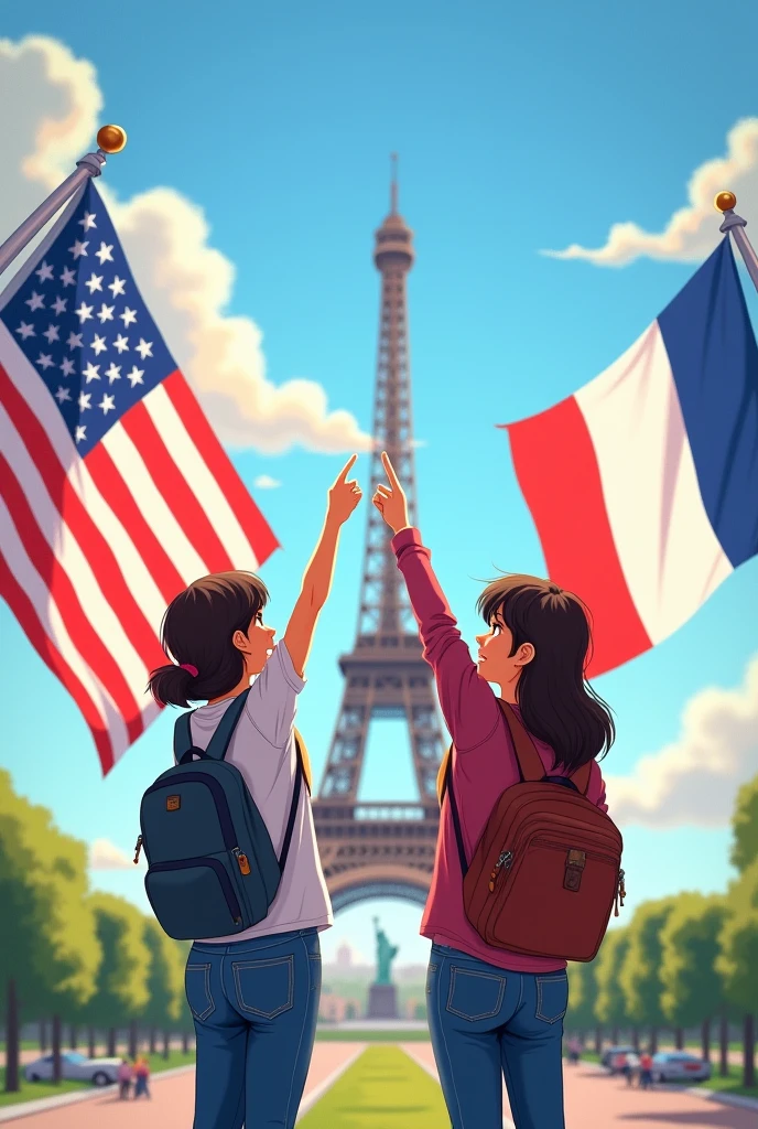 United States with its flag and the Statue of Liberty in the background and France with its flag and the Eiffel Tower in the background. With 2 happy students pointing to both places. Horizontal size.
