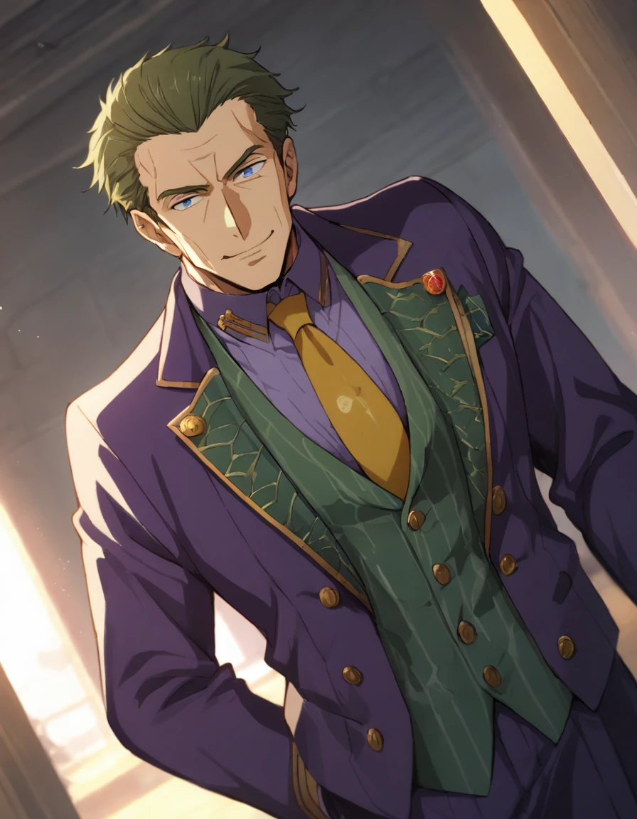 1man, (mature dad in ail-soft style, dandy president, moss olive hair, deepblue eyes, arafed spiky hair slicked back, spiked businessman hairstyle), ideal ratio body proportions, BREAK (over 30s, elder producer, toned dilettante, high cheekbones, broad shoulder, square shaped face, handsome, beautiful detailed eyes, under 40s), BREAK (violet formal jacket, purplewhite shirt, yellow necktie, simple costume), BREAK solo, cool smile, smart emotion, BREAK upperlegs, romantic expression, 2000s, old hentai CG, in Ribahara Aki style, BREAK depth of field, dutch angle, cinematic shadows, cinematic lighting, lens flare, light leaks, texture, absurdres absolutely resolution, extreme all detailed, greatest paint, BREAK masterpiece, best quality, BREAK score_9, score_8_up, score_7_up, source_anime, rating_safe, score_6_up, score_5_up, score_4_up
