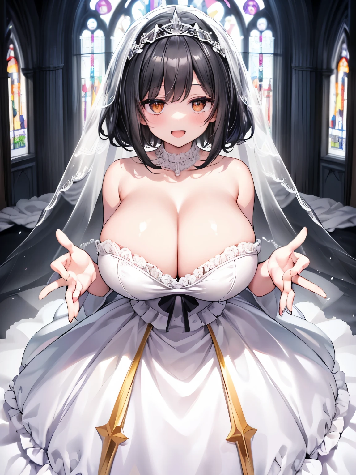 (gigantic breasts),Black Hair,Short Hair,(Two Side Up:1.1),Yellow big eyes,A very happy smile,Open your mouth wide,View Viewer,BREAK,(Pure white wedding dress,Strapless Dress,Wedding Veil:1.3),Church Background,Large stained glass,The sacred light shines,Put your hands together,Are standing,Top view