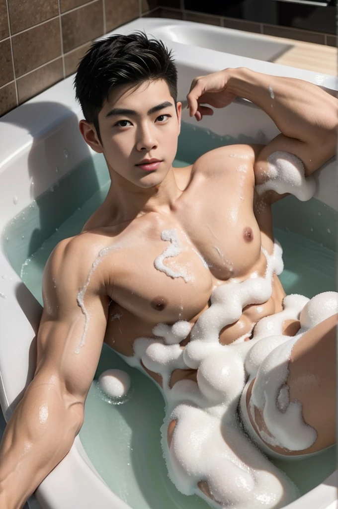 aiden,1 Asian muscular male, lying in the bathtub, filled with a lot of soap foam in bathtub, his half under body part is under the soap foam 