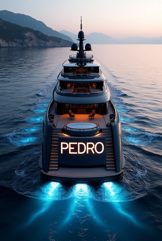 A big super yacht in black,navy blue and white having the world Pedro in big letters LED lighting at the back