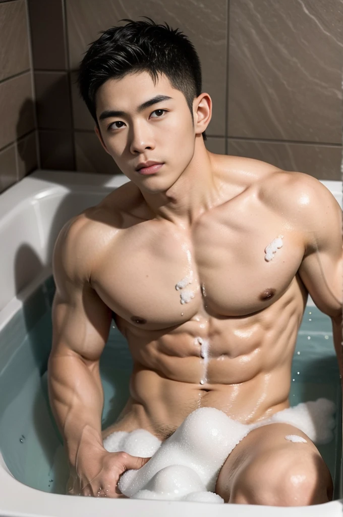 aiden,1 Asian muscular male, lying in the bathtub, filled with a lot of soap foam in bathtub, his half under body part is under the soap foam