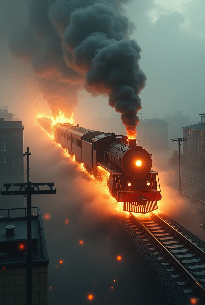 A long train burning in fire  through the city covered with fog and smoke and clouds 