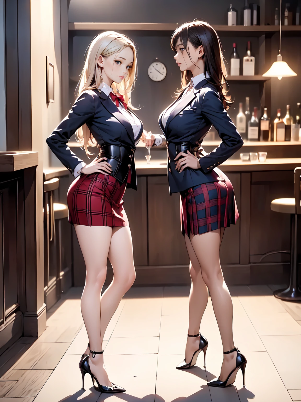 (masterpiece:1.3),(best quality, highest quality),((Full Body Shot,Including face)),1girl,Standing position,4K,masterpiece,((Focus on the face)),((Symmetrical facial features)),Beautiful woman,slender,Beautiful feet,((High heels)),Detailed depiction of the face,bar counter,uniform,Realistic,profile,Corset standing diagonally,red plaid skirt,blazer