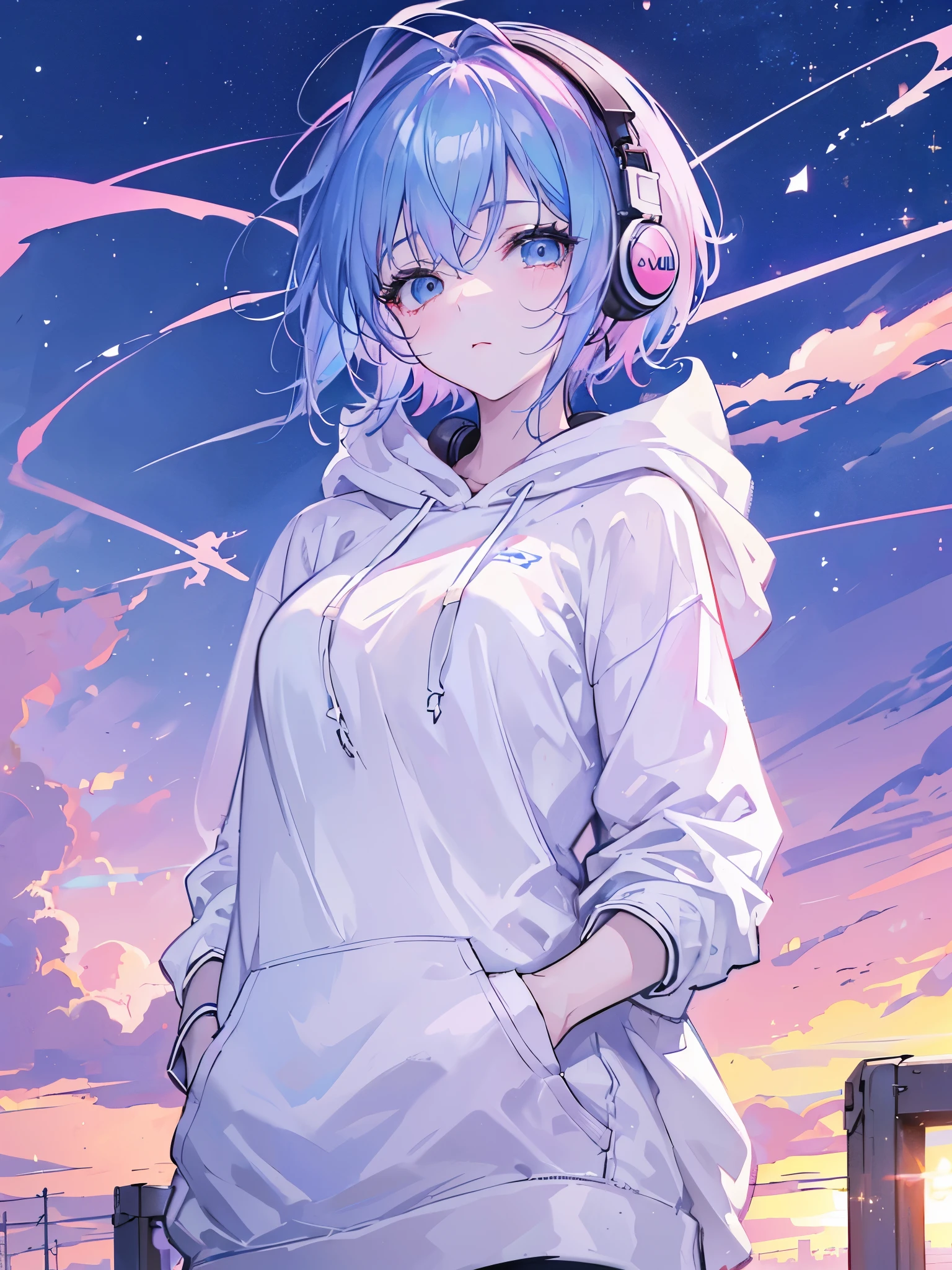 masterpiece, Highest quality, One Girl, Pink and inner color is blue hair, Mouth closed,, View your audience, , short hair, Sunset alone, Upper Body,  ((Wearing a plain white hoodie)) 、((White headphones worn on ears)),moderate bust、German descent、Urban Background,Large Breasts,1 girl,Sparkling Eyes