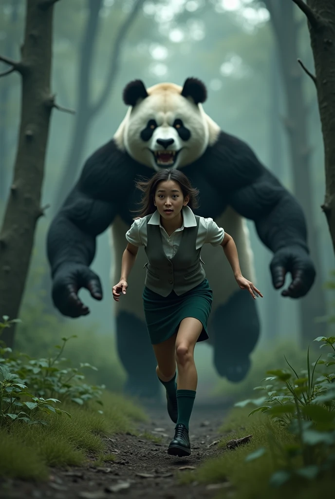 ((Highest quality)), (Gray female pigeon:1,6), (short-sleeved shirt), ((Giant panda holds up a refrigerator with both hands)), (Angry Giant Panda), A giant panda chases after you, Gray female pigeonが全力で走って巨大パンダから逃げている, Gray female pigeonがオフホワイトで襟付きのshort-sleeved shirtに薄茶色のベストを着てひざ丈の黒いスカートに濃い緑の靴下と黒の靴を履いている, 筋肉質なGray female pigeon, The background is a grassy forest, ((horror movie posters)), Photorealistic images,