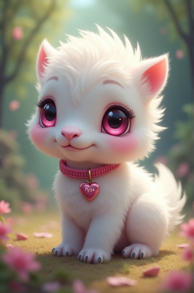 I want you to create an image of a baby albino hippogriff with pink Harry Potter eyes and wearing a pink collar with a heart with the name Nysa on it.