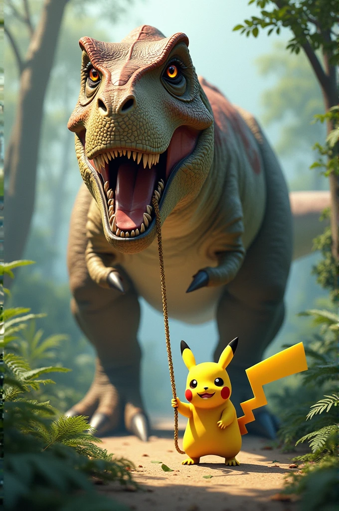 Pikachu walking with a huge tyrannosaurus on a leash held by pikachu