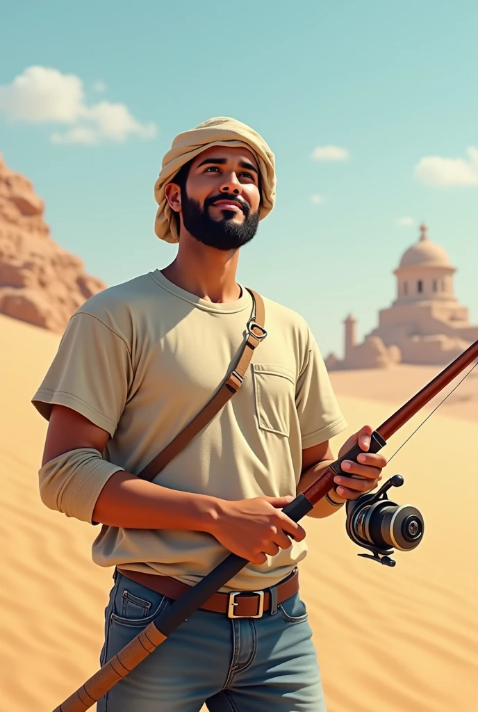 (photorealism:1.2), young middle eastern fisherman, standing in the middle of al Ula desert, wearing arm sun protector a T-shirt and a jeans, holding a fishing rod with spinning reel, looking up, smiling but wondering and thinking, 3/4 view shot, the expression of the man is comic, sun lighting, Al Ula monuments in background, realistic, intricate details
