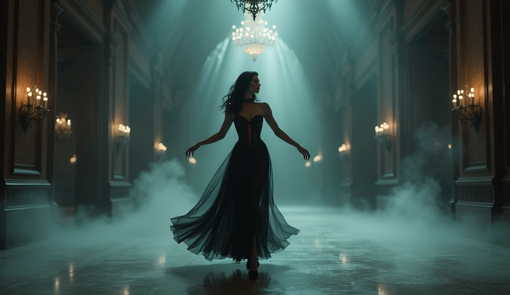 A mesmerizing vampire seductress dances gracefully in a grand, dimly-lit ballroom. Her outfit is a mix of Victorian and modern style, with a corset that cinches her waist and a flowing, semi-transparent skirt that sways with her movements. Her dark hair is styled in loose waves, and she wears a delicate choker with a blood-red gem at its center. Her eyes are closed, lost in the music, as she moves with elegance and grace. The room is filled with shadows and mist, and ornate chandeliers hang from the ceiling, casting ghostly reflections on the polished marble floor. Aim for realistic depiction, make sure photos are at highest resolution (8K)
