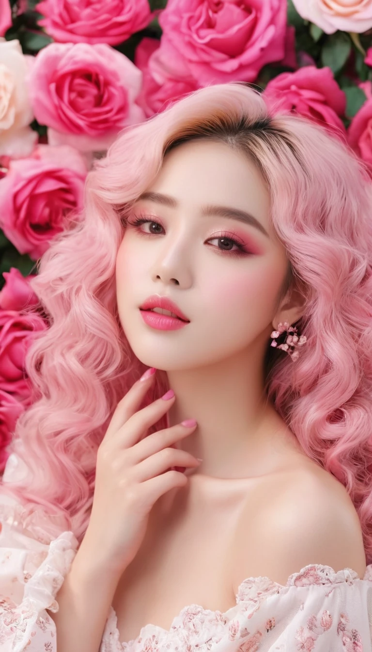 feminine,High detail and quality、8K Ultra HD、3d、Beautiful woman,Fuller lips、Pink Roses,Fashion magazine cover,Seamless patterns、Neutral pastel colors,Mysterious off-white world,Cloth Art、Art Station、A detailed pastel design combining magic and fantasy、splash、Wallpaper design aesthetics、White Tone、Realistic、super Realistic、Full color and impressive、Natural Makeup、Pink long curly hair、Asian Beauty、Put your hands together in front of your chest、