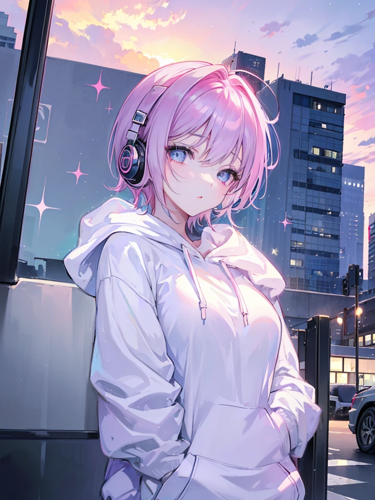masterpiece, Highest quality, One Girl, Pink and blue hair, Mouth closed,, View your audience, , short hair, Sunset alone, Upper Body,  ((Wearing a plain white hoodie)) 、((White headphones worn on ears)),moderate bust、German descent、Urban Background,Large Breasts,1 girl,((Sparkling Eyes))