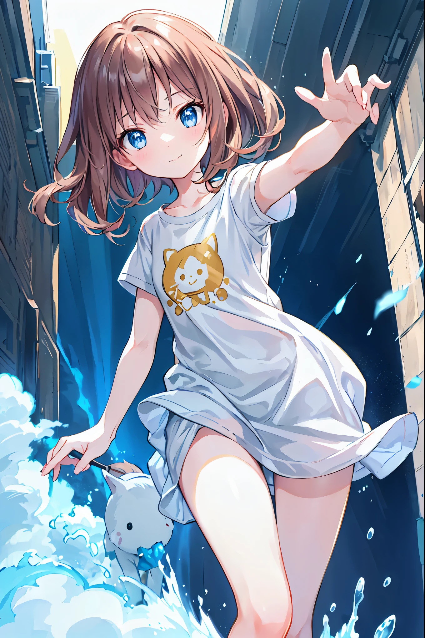 Brown Hair,Shortcuts,Messy Hair,Slender beauty,A dignified posture,Small chest,Beautiful feet,Her captivating grey-blue eyes shine like stars,,(Cute older sister:1.3)、 smile,early summer vibes、blue sky,T-Shirts、Dog-walking、 (Running 1.3),break (masterpiece:1.2), Highest quality, High resolution, unity 8k wallpaper, (shape:0.8), (Beautiful attention to detail:1.6), Highly detailed face, Perfect lighting, Extremely detailed CG, (Perfect hands, Perfect Anatomy)