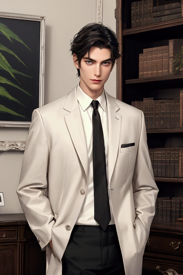 (pose))), (photorealistic photo: 1.3), rim luzing, (high detailed leather:1.2), 8k hd, DSLR, high quality, High resolution, 4k, 8k, bokeh, absurd, (real:1.3), (((Detail on face))), (((body details))), (detail in clothing))), ((detalle en bottom))), ((semi realistic anime))
character: Tall Man, good physique, fit, attractive, the most beautiful man, Without beard, long black hair, White skin, grayish green eyes, young adult.
CLOTHES; White coat, black vest, White shirt, Black pants.
bottom: Psychiatric hospital, Psychiatrist's Office (black wood desk, laptop, plants, cream walls, shelf with books, paintings. peace, calm)
pose: safe, confident, fun, en calm.