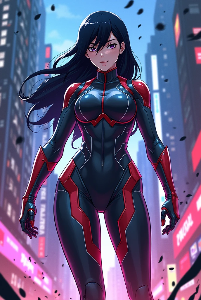(work of art, Best quality, absurd, 4K, aesthetics, perfect eyes, perfect face, detailed, intricate, Perfect Lighting) 1 girl with fair skin, long dark hair, wears a futuristic red and black bodysuit, heroine, queen of an alien race, warrior, gentle smile, perfect body